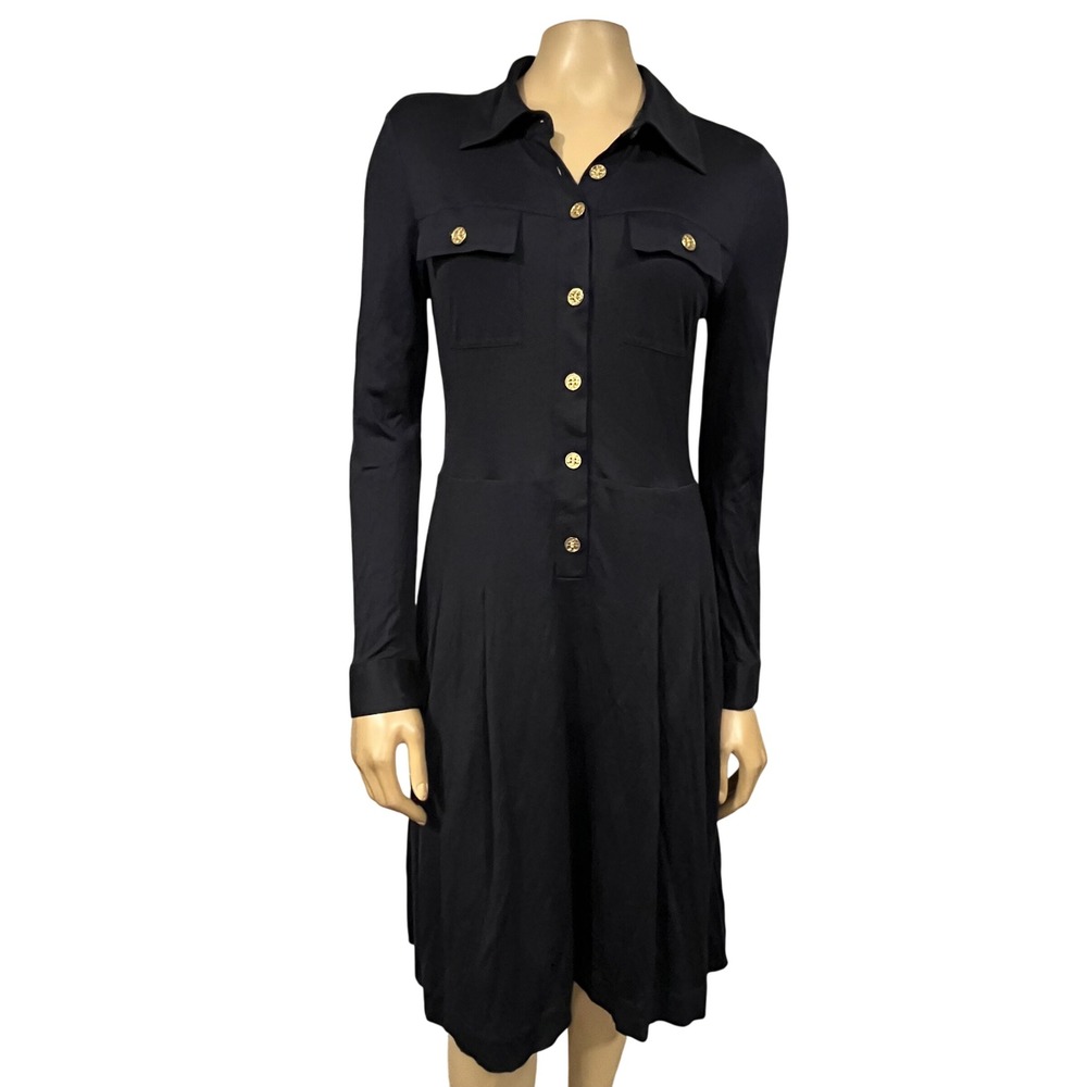 Tory Burch Navy Jersey Long Sleeve Shirt Dress Gold Logo Button Belted Preppy M - Picture 1 of 10